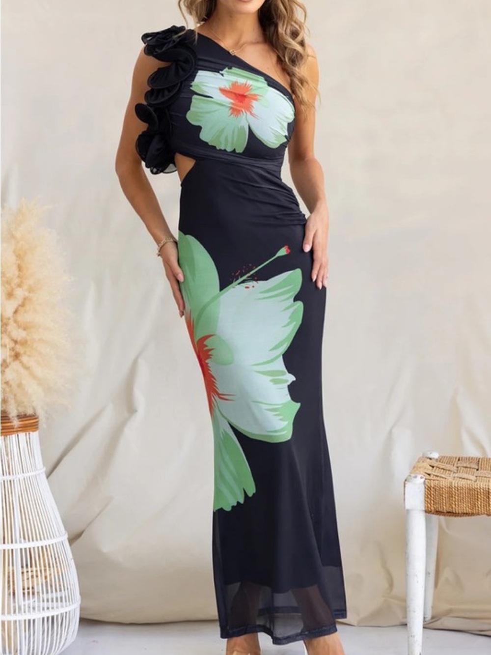 NWT One-Shoulder Black Maxi Dress with Green Floral Print